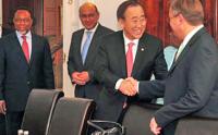 Kgalema Motlanthe and Trevor Manuel look on as UN Secretary General Ban Ki-Moon greets Marthinus van Schalkwyk (Photo: Department of International Relations and Cooperation Kgalema Motlanthe and Trevor Manuel look on as UN Secretary General Ban Ki-Moon greets Marthinus van Schalkwyk (Photo: Department of International Relations and Cooperation